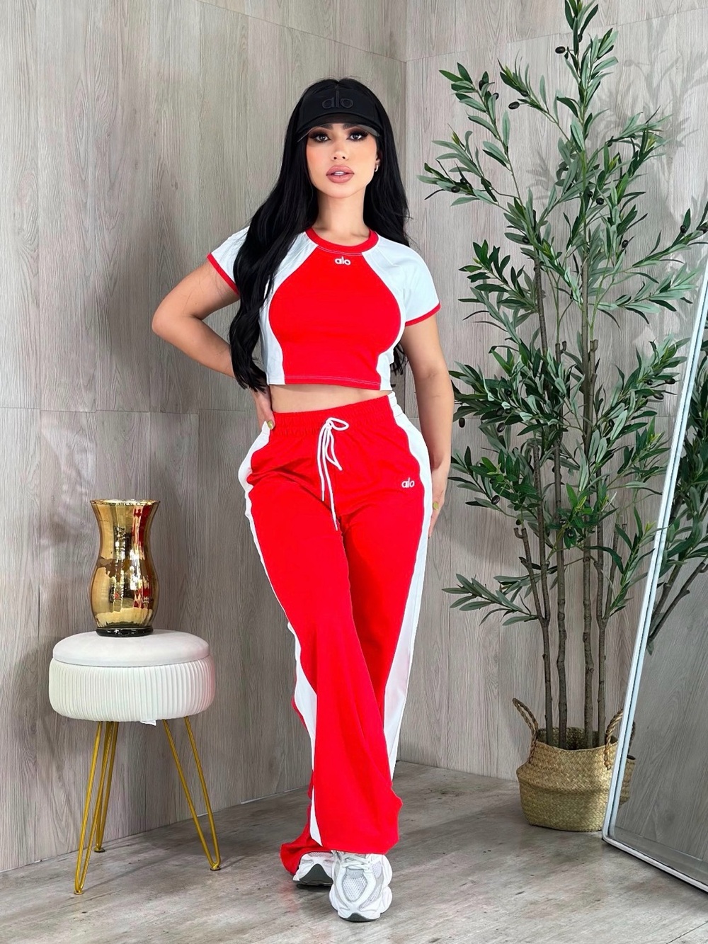 Red and White Cropped Tee & Track Pants Set